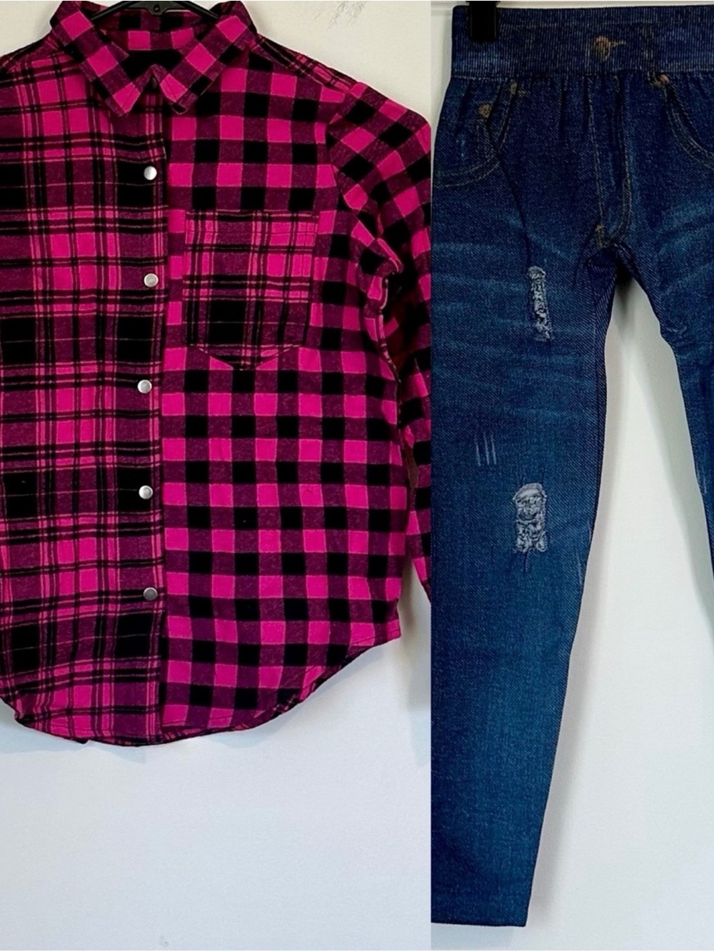 Weissman Hot Pink/Black Plaid Shirt and Faux Jeans Bottoms Dance Outfit - SC/IC